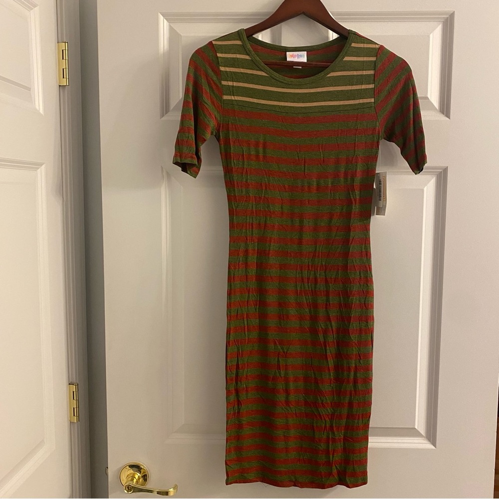 NWT LuLaRoe Julia Dress Green and Red Stripes Size XX-Small